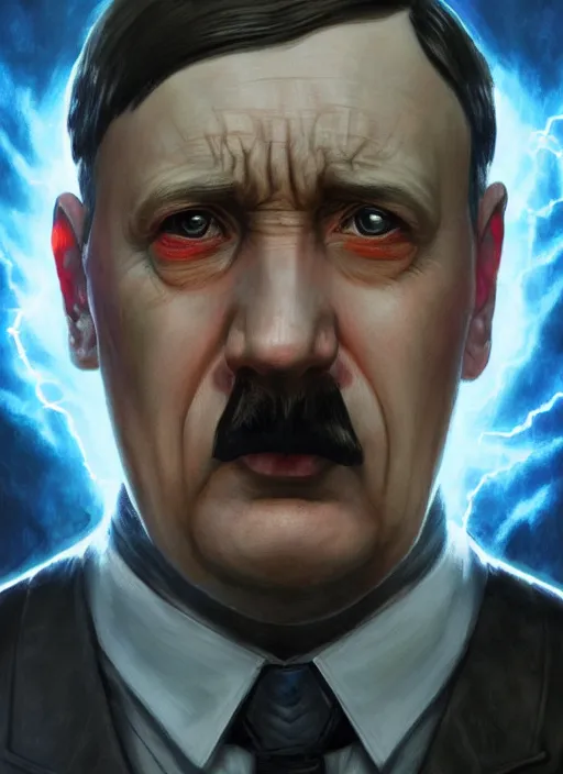 Prompt: close-up of character concept portrait of Hitler from Fantastic 4 conjuring a violent void multiversal fire, a floating iridescent lightning and thunder dragon from God of War in the center, intricate, elegant, digital painting, concept art, smooth, sharp focus, illustration, by WLOP and Ruan Jia and Mandy Jurgens and William-Adolphe Bouguereau, Artgerm