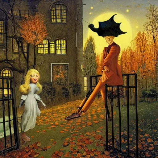 Prompt: vintage autumn halloween fantasy art by paul delvaux, james christensen, rob gonsalves and tim white