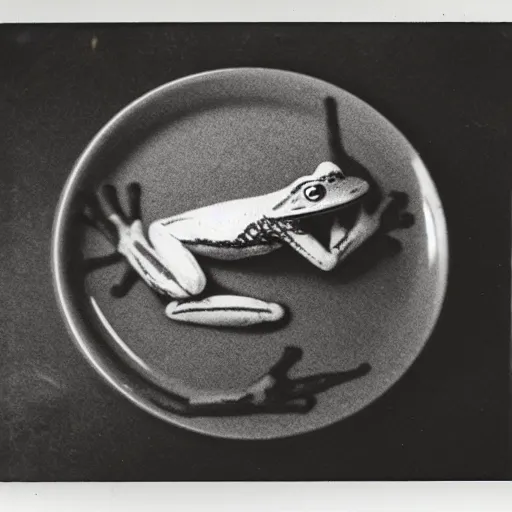 Image similar to frog hovering over a plate with black milk, polaroid photography in style of andrey tarkovski, paranormal, spiritual, mystical, sublime