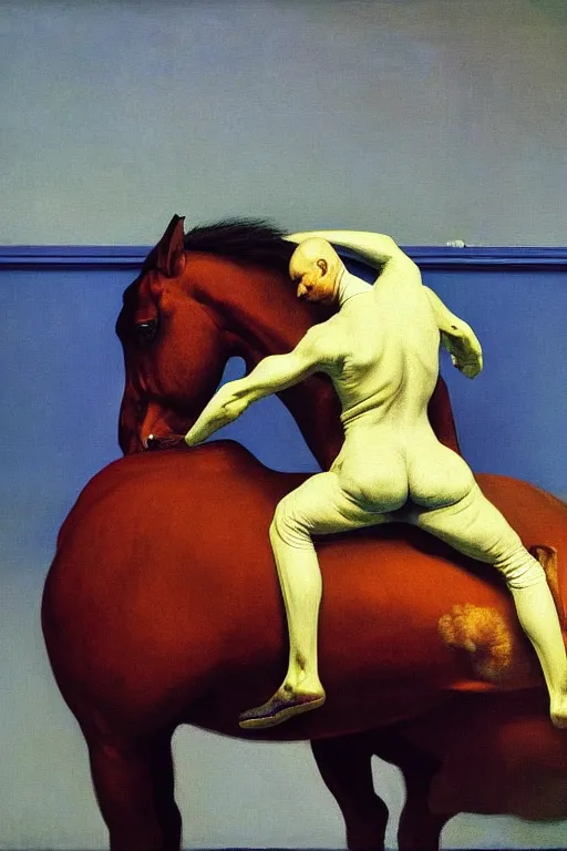 Image similar to a horse stands on the back of a horse astronaut, hauntingly surreal, highly detailed painting by francis bacon, edward hopper, adrian ghenie, gerhard richter, and james jean soft light 4 k,