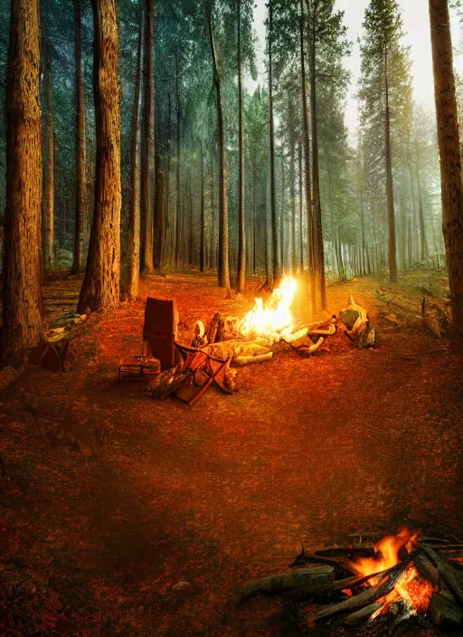 Prompt: cinematic shot epic forest, hyper realistic, mood lighting, fantasy, detailed campfire, highly detailed, super realistic, perfect lighting pixel sorting, style sheet