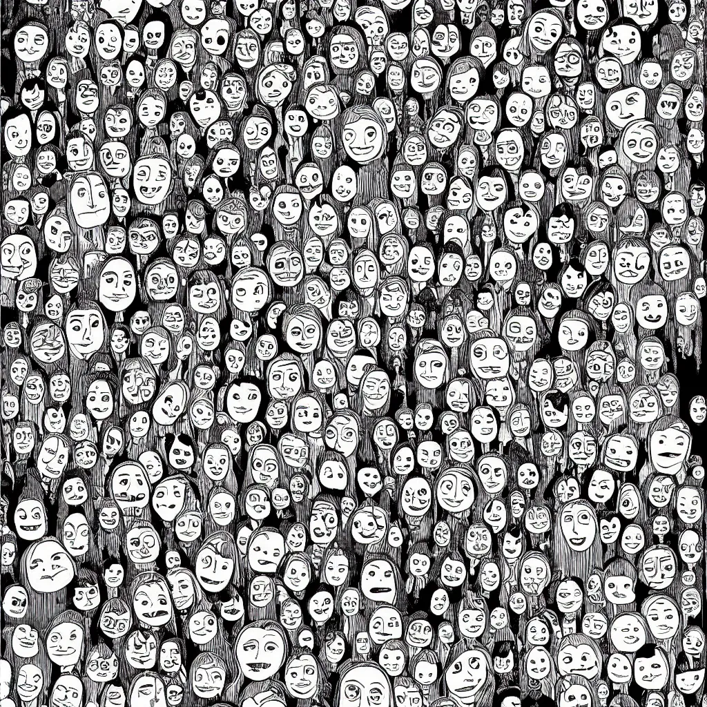 Image similar to 1000's cartoon faces made of cartoon faces, by Mattias Adolfsson!!!!, greeble!!, extremely detailed ink painting