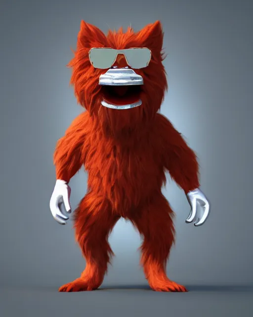 Prompt: 3 d render of completely red hairy friendly creature wearing chrome shades, full body, simple, cute, white background, unreal engine 5 hdr