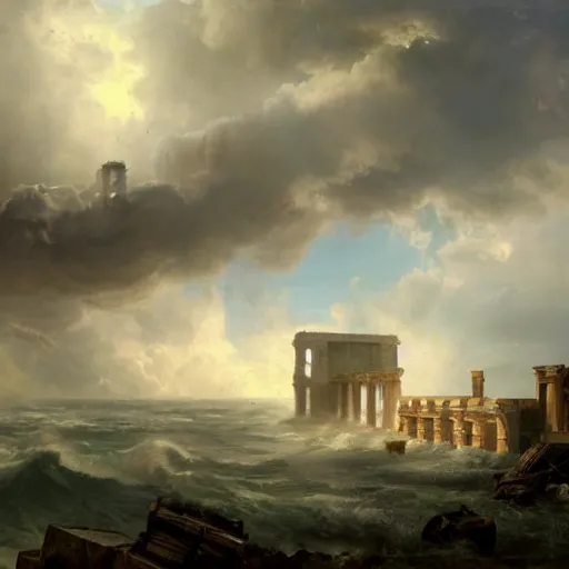 Prompt: Panorama view of a hurricane lifting the ruins of a bastion into the sky, flying island, oil painting, by Greg Rutkowski