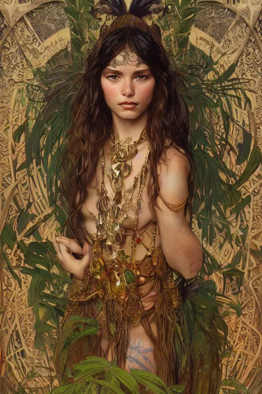 Image similar to ultra realistic illustration, bohemian girl in jungle wearing amulet of power, intricate, elegant, highly detailed, digital painting, artstation, concept art, smooth, sharp focus, illustration, art by artgerm and greg rutkowski and alphonse mucha