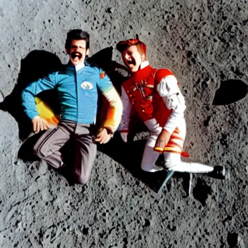 Image similar to color photography of Freddy mercury and David bowie laughing while having a picnic on the moon