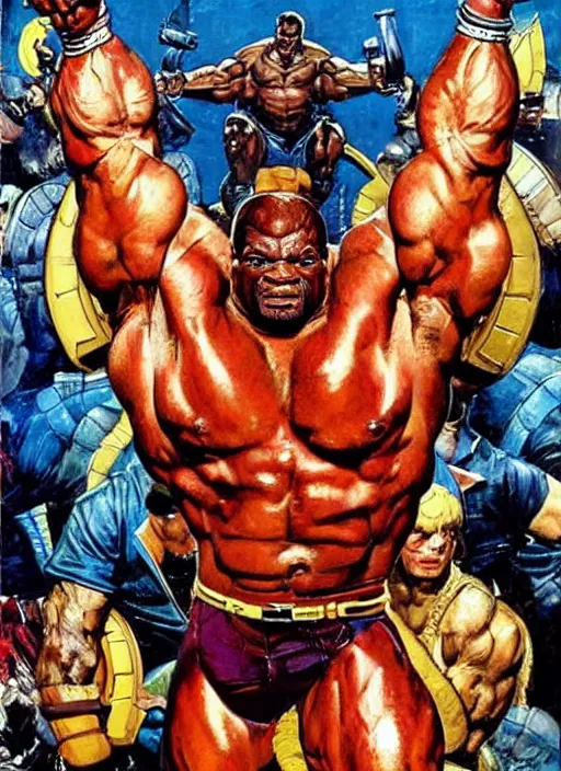 Image similar to full body and head portrait of huge mutant ronnie coleman as marvel's juggernaut, dynamic action, painted by norman rockwell and phil hale and greg staples and tom lovell and frank schoonover and jack kirby