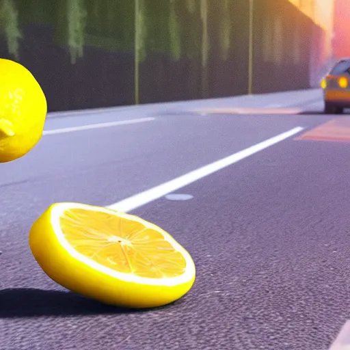 Image similar to A lemon getting run over by a car, Dramatic camera shot, Realistic, Unreal engine 5,