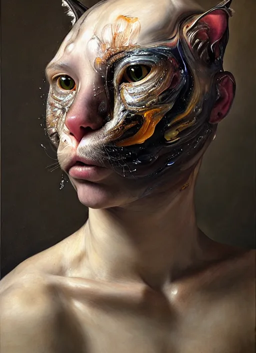 Prompt: strange, looming head, biomorphic painting of a woman cat hybrid by jenny saville and charlie immer, rachel ruysch, highly detailed, emotionally evoking, head in focus, volumetric lighting, melting, drippy oil painting,