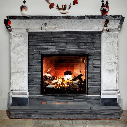 Image similar to a realistic photo of a fireplace mantle decorated for halloween, photorealism, dramatic lighting