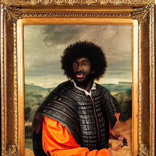Prompt: photograph of a black man with afro hair wearing an army green cloak, riding!!! an orange!! bull!!!, renaissance style painting