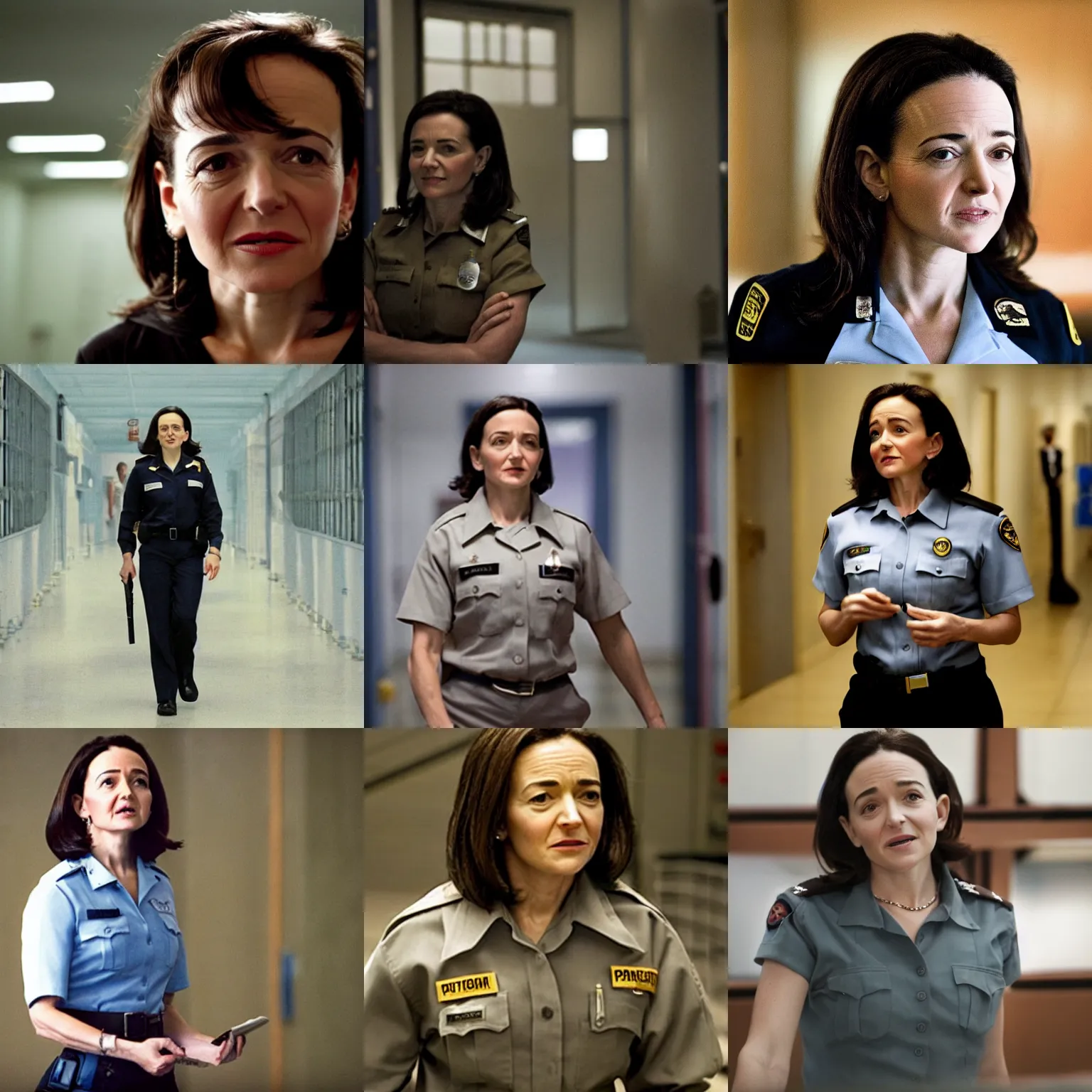 Prompt: Movie still of Sheryl Sandberg as a prison guard in the movie The Panopticon