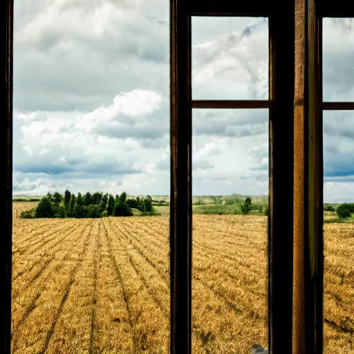 Prompt: a cinematic view looking out a window into an open field, wind blows the leaves