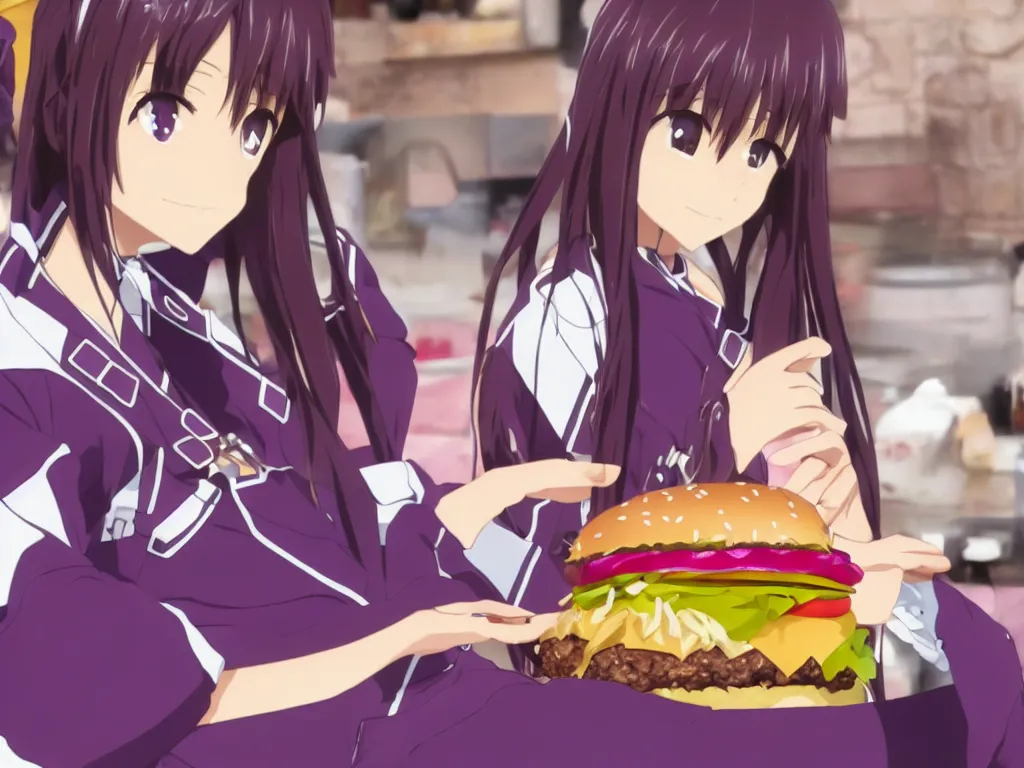 Prompt: yuuki konno from sword art online eating a big burger and being happy, purple hair, High Definition detail, 8K, anime