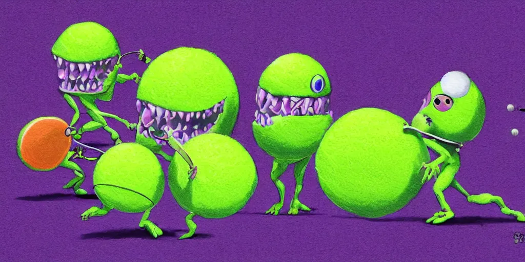 Image similar to tennis ball monsters playing on a tennis court, purple, digital art, fantasy, magic, chalk, chalked, trending on artstation, ultra detailed, detailed, fine details, professional illustration by basil gogos