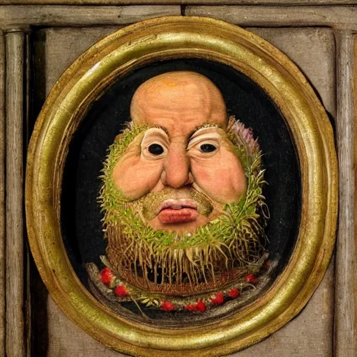 Image similar to very aged medieval painting of donald trump made of vegetables, by giuseppe arcimboldo