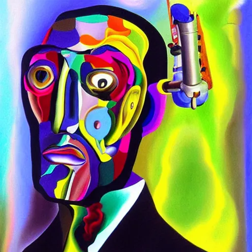 Prompt: vibrant painting of Salvador Dali with a robotic half face