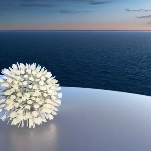 Image similar to perfume bottle buried white daisies on a zen clean modern minimalist beach with an ocean view, frozen and covered in ice, by peter tarka in an ivory room well contoured smooth fair walls, zaha hadid octane highly render, 4 k, ultra hd,