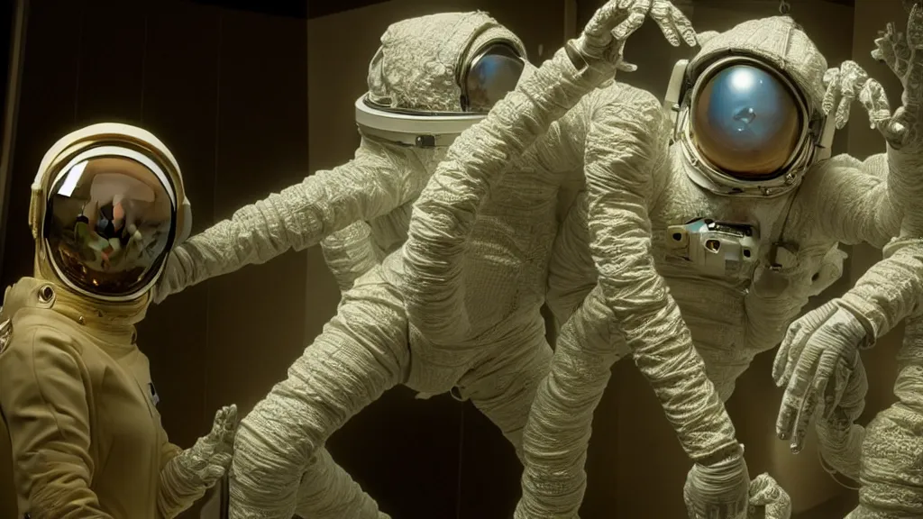 Image similar to a single astronaut eva suit interwoven with diamond 3d fractal lace iridescent bubble 3d skin and covered with insectoid compound eye camera lenses floats through the living room, film still from the movie directed by Denis Villeneuve with art direction by Salvador Dalí, wide lens,