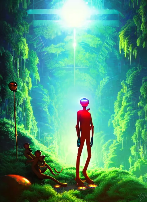 Image similar to cyber monkey in the scifi forest, in style james jean, ilya kuvshinov, hot colors, global illumination ray tracing hdr radiating a glowing aura