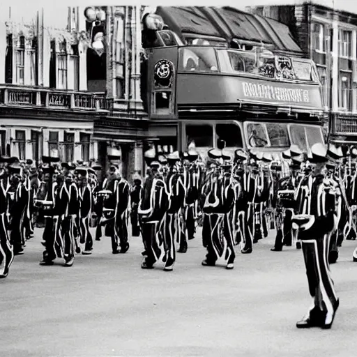 Image similar to The British armed forces parade in the magical mystery tour bus news footage