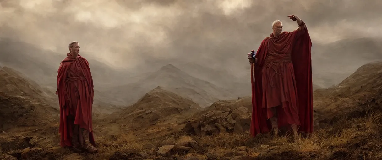 Image similar to the end is near. a tired and exhausted julius caesar somewhere in the atlas mountains. face is highly detailed. splices of red are running down his toga. mist. the soil is red. strong winds. dramatic sky. low angle wide shot. atmospheric. global illumination. concept art. imagined by jeremy lipking, greg rutkowski and eddie mendoza.