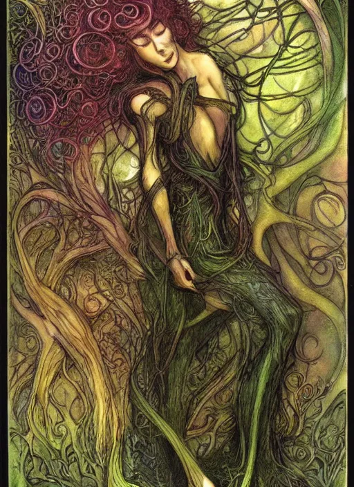 Image similar to junoesque curvaceous fey queen, vine dress, glowing forest, strong line, eerie color, beautiful! coherent! by brian froud