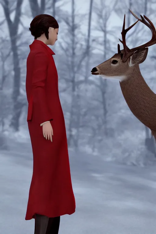 Image similar to a deer wearing a white formal coat conversing with a crow wearing a red formal coat, hyperrealistic, concept art, octane render, unreal engine 5, trending on DeviantArt, highly detailed, high quality, 8K, soft lighting, cute, natural lighting, realistic face, trending on Artstation, elegant clothes, profile picture, path traced, house background