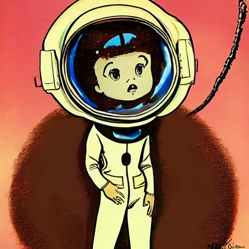 Image similar to a cute little girl with a mischievous face and short brown wavy curly hair. she is dressed as an astronaut. well composed, clean elegant painting, beautiful detailed face. comic book art by steve ditko and jack kirby and ( greg rutkowski )