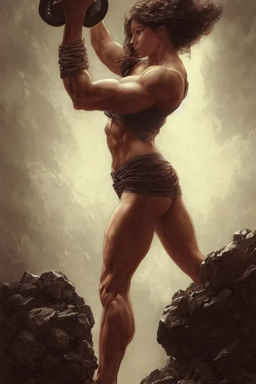 Image similar to muscular heroine, standing in front of a squat rack, with her foot on top of a pile of dumbbells - in the style of greg rutkowski, by Gustave Doré, by Marco Turini, by Artgerm, Deviantart in the style of Tom Bagshaw, Cedric Peyravernay, Peter Mohrbacher by William-Adolphe Bouguereau,4k,