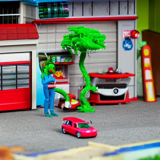 Prompt: fisher price garage with carnivorous plants on the shelves and packing peanuts on the floor, scene from tv show hyper detailed 5 5 mm 8 5 mm, toy photography, made out of plastic