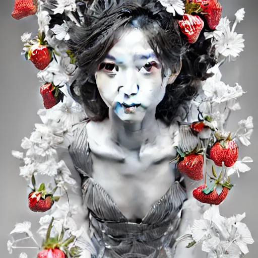 Image similar to the portrait of an absurdly beautiful, graceful, elegant, sophisticated, fashionable young gravure idol made of strawberries and white petals, an ultrafine hyperdetailed illustration by kim jung gi, irakli nadar, intricate linework, bright colors, octopath traveler, final fantasy, unreal engine 5 highly rendered, global illumination, radiant light, detailed and intricate environment