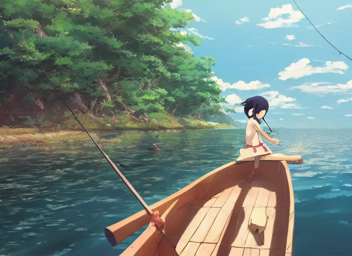 Prompt: a girl fishing on a wooden boat in a river, wide shot, peaceful and serene, incredible perspective, anime scenery by Makoto Shinkai, very detailed