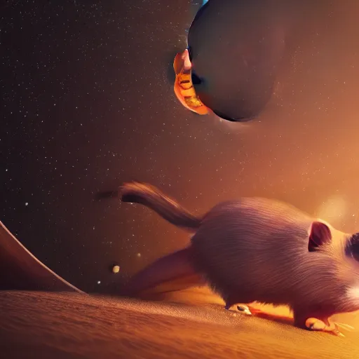 Prompt: Fat rat steals the moon,realistic cinematic , high detail, photorealism, sharp focus, star sharpness, different angles, 4k, trending on Artstation