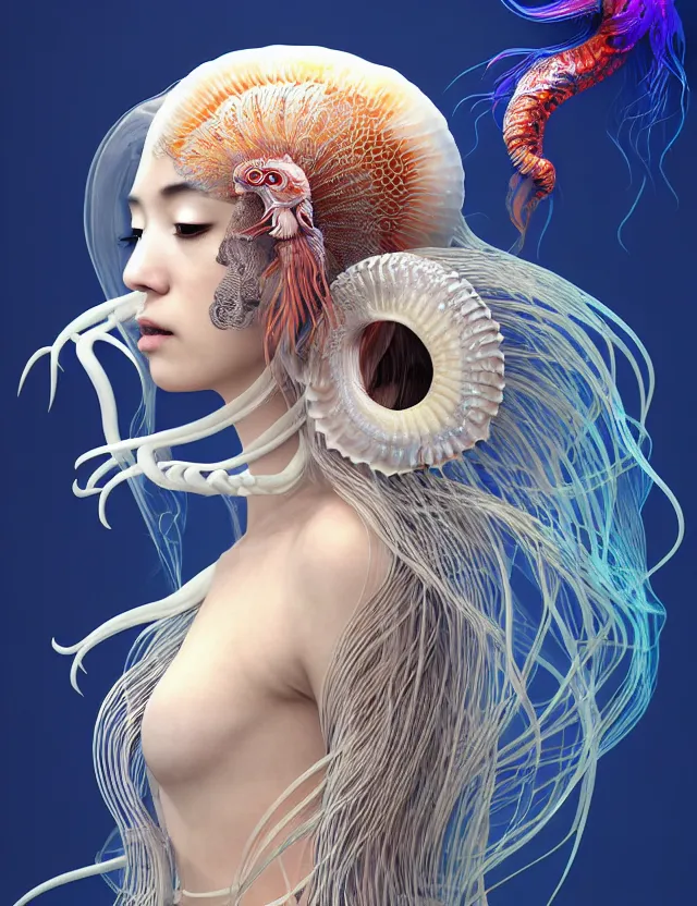 Image similar to 3 d goddess jellyfish half - turn portrait with long hair with ram skull. beautiful intricately detailed japanese crow kitsune mask and clasical japanese kimono. betta fish, jellyfish phoenix, bio luminescent, plasma, ice, water, wind, creature, artwork by tooth wu and wlop and beeple and greg rutkowski