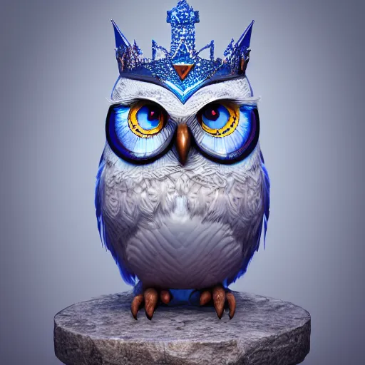 Prompt: magical owl, charactor, big blue eyes, with a diamond crown on his head, hyper detailed, stylistic, symmetrical, 3 d render, 8 k, octane render