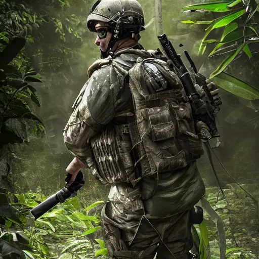 Image similar to Wounded Mercenary Special Forces soldier in light grey uniform with black armored vest and helmet crawling to cover in the jungles of Tanoa, combat photography by Feng Zhu, highly detailed, excellent composition, cinematic concept art, dramatic lighting, trending on ArtStation