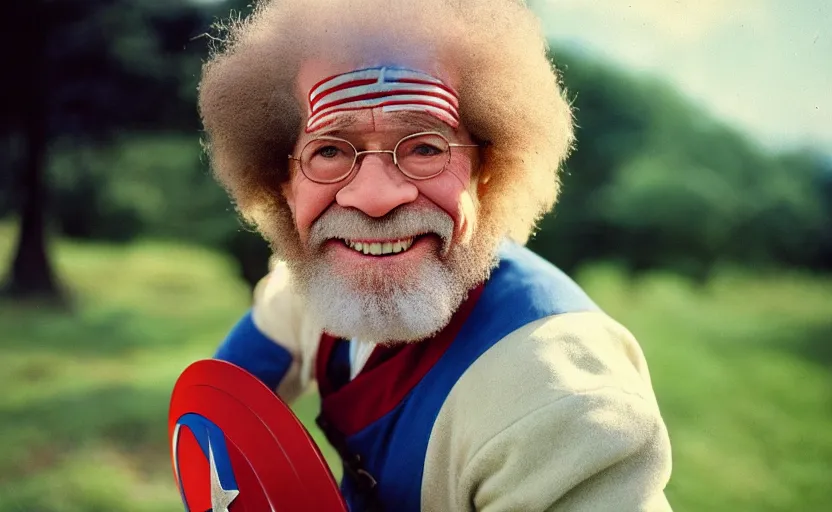 Image similar to cinestill 5 0 d candid photographic portrait by helen levitt of a smiling bob ross as captain america, modern, bright, emotional cinematic, on a green hill, 8 k, hd, high resolution, 3 5 mm, f / 3 2, ultra realistic faces, ex machina