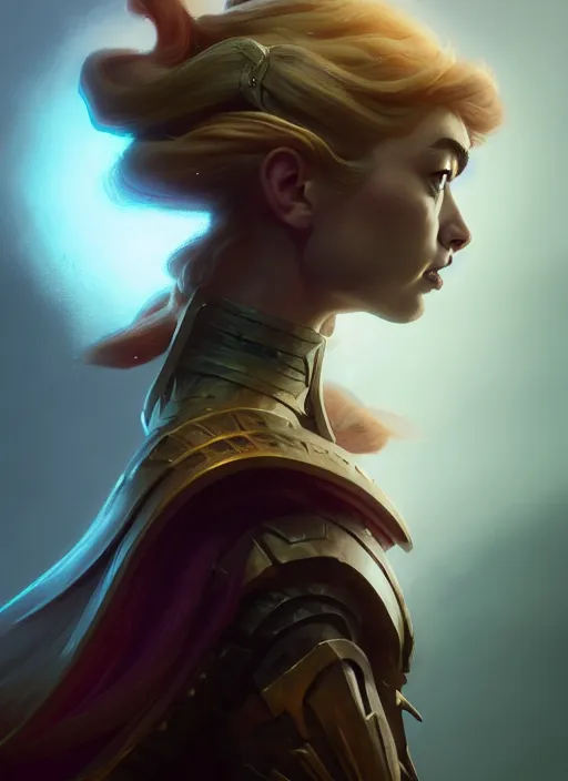 Image similar to side portrait, imogen poots, paladin, fantasy, gloomhaven, luminescent, organic painting, matte painting, bold shapes, hard edges, gaudy colors, octane render, unreal engine, by greg manchess, huang guangjian, greg rutkowski, jesper ejsing, magali villeneuve, jeremy lipkin, artgerm