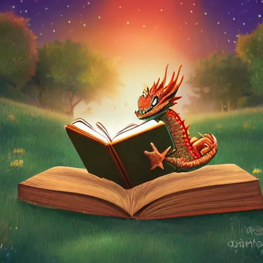 Prompt: cute dragon reading a book under the stars, detailed, digital art