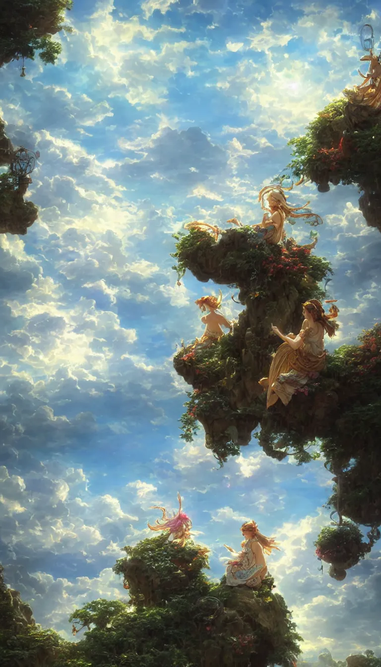 Prompt: wind deity enjoying the view from his stone heavenly palace, decorated with windchimes and paper lanterns, stunning nature and clouds in background, digital art, detailed, volumetric lighting, octane render by anime, stanley artgerm lau, greg rutkowski, thomas kindkade, alphonse mucha, loish, norman rockwel, highly detailed