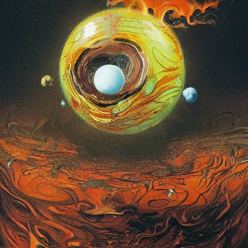 Image similar to a sphere being devoured by abstract splatters of paint in the style of francis bacon, venus being engulfed in flames in the style of james jean, surreal, beksinski, high detailed