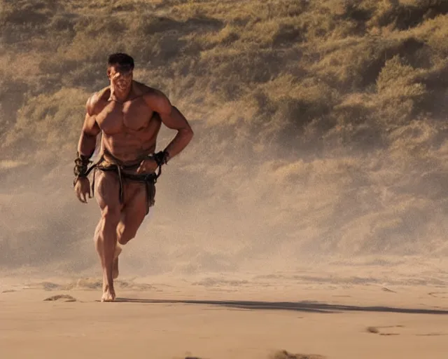 Prompt: single spartan running on australian beach, epic award winning action cinematic still from the movie 3 0 0, 8 k, global illumination, detailed face, muscles, rim highlights, hyper realistic