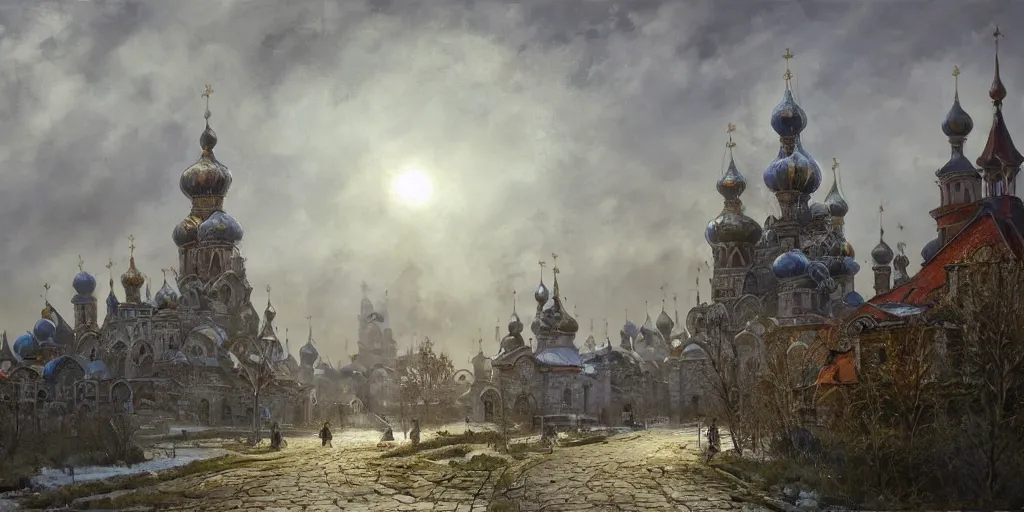 Image similar to beautiful magical ancient Slavic city of Kitezh in mist, magic lights, magic mist, strange buildings, oil painting, painting by Viktor Vasnetsov, concept art, fantasy cityscape, ancient Russian architecture, painting by Ivan Shishkin, hyperborea, high resolution, trending on artstation,