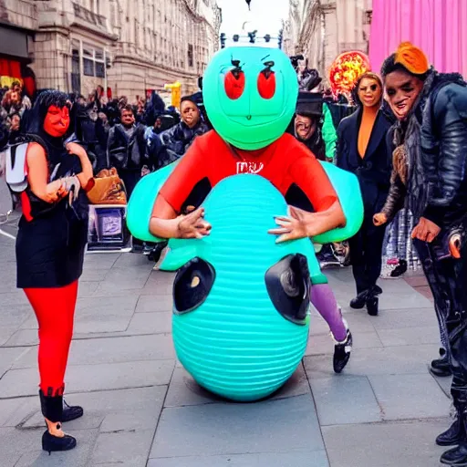 Prompt: cardi b with a trident riding on a space hopper down regent street