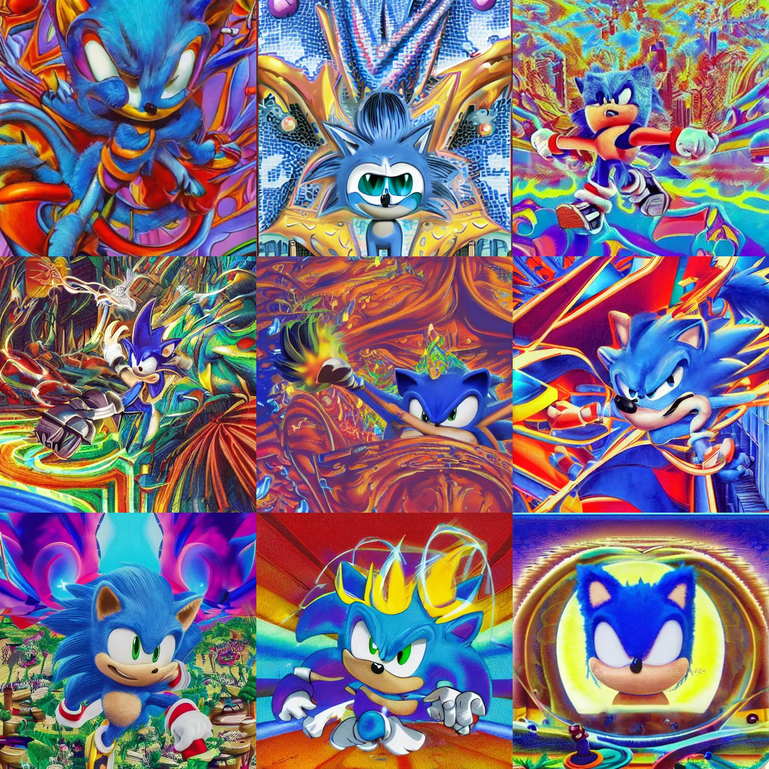 Prompt: close up sonic the hedgehog in a surreal, soft, ornate, professional, high quality airbrush art mgmt shpongle album cover of a chrome dissolving LSD DMT blue sonic the hedgehog surfing through vaporwave caves, checkerboard horizon , 1980s 1982 Sega Genesis video game album cover
