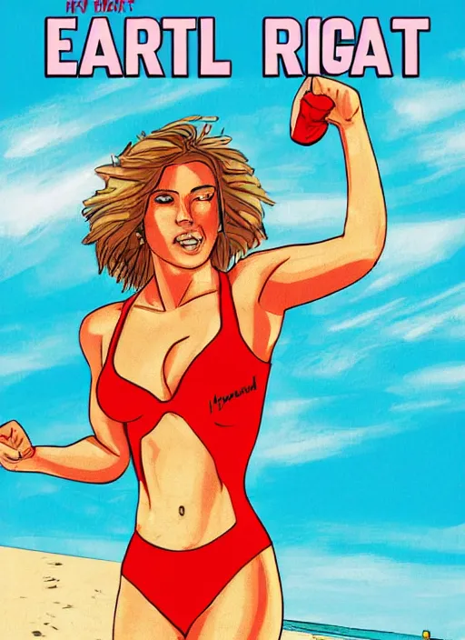 Prompt: female equal rights at the beach, cover of a magazine, high definition, digital art, comic style, sunny day, Baywatch