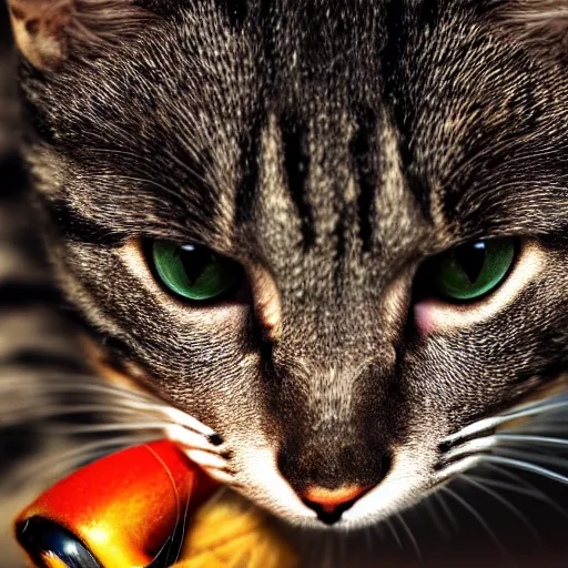 Prompt: a cat eating a duck, artstation, macro, highly intricate, vibrant, digital, wide shot, hd, cinematic, dramatic, ultra realistic, ultra detailed, 8 k, 4 k