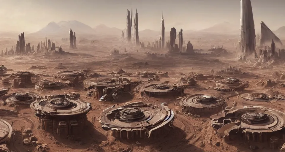 Image similar to hyper realistic sci - fi matte concept art painting of city on mars with towers made of giant stacks of disks, beautiful details, strong composition painted by kim jung guweta studio rutkowski, james gurney and greg rutkowski, and lucasfilm, smooth, intricate, detailed, sharp focus, cinematic