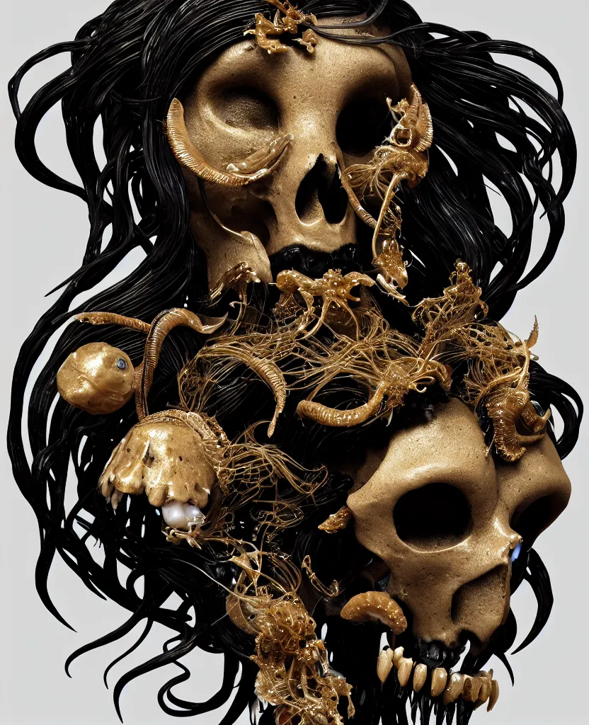 Image similar to goddess princess face close-up portrait ram skull. sculpture made of black clay and gold. jellyfish phoenix head, nautilus, orchid, skull, betta fish, bioluminiscent creatures, intricate artwork by Tooth Wu and wlop and beeple. octane render, trending on artstation, greg rutkowski very coherent symmetrical artwork. cinematic, hyper realism, high detail, octane render, 8k